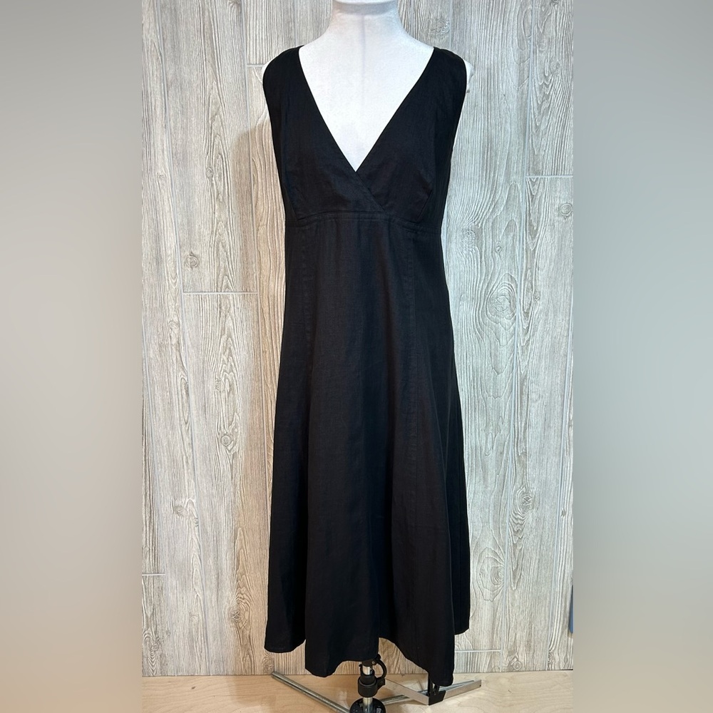 Liz Claiborne Linen Black Sleeveless V-Neck Cross Back Strap Midi Dress Size 14
